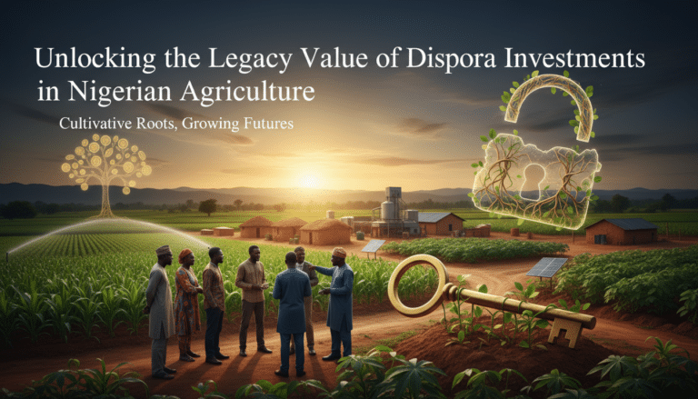 Farmers in Nigerian field with symbolic golden key