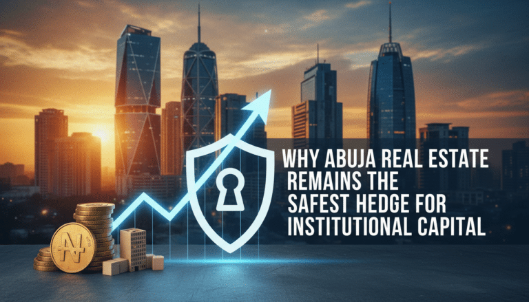 Abuja skyline with growth arrow and security shield graphic
