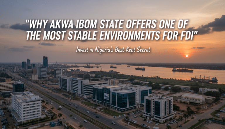 Akwa Ibom waterfront cityscape at sunset with text