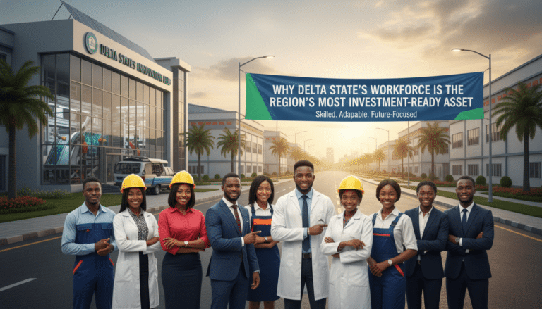 Diverse professionals before Delta State Innovation Hub banner