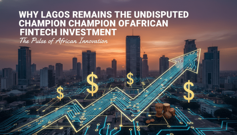 Lagos skyline with rising fintech investment arrow graphic