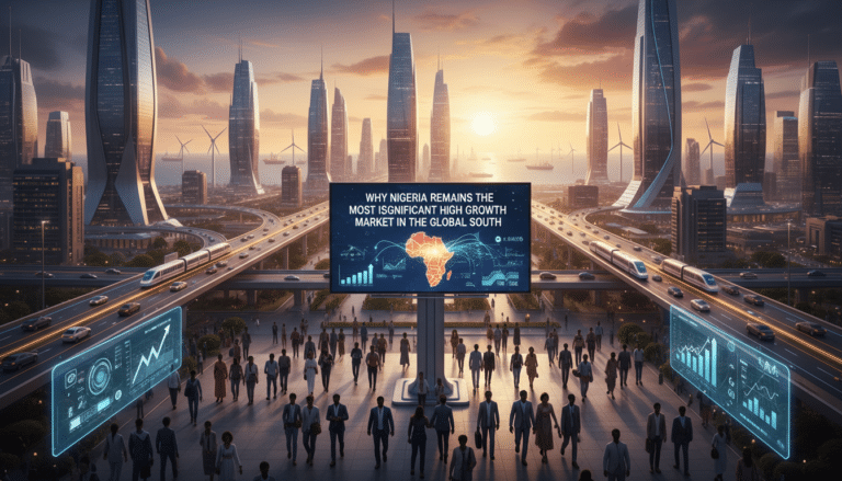 Futuristic city skyline with Nigeria growth billboard