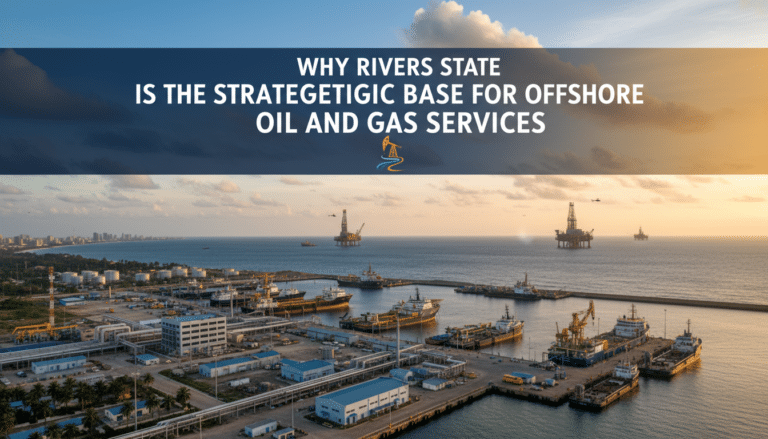 Offshore oil rigs and service vessels at harbor
