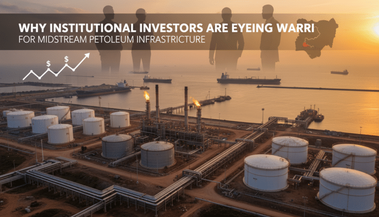 Oil refinery and storage tanks by coastal port