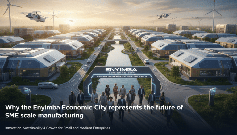 Futuristic Enyimba Economic City with drones and solar buildings
