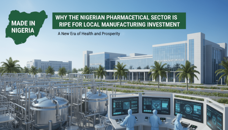 Modern Nigerian pharmaceutical manufacturing facility with control room.